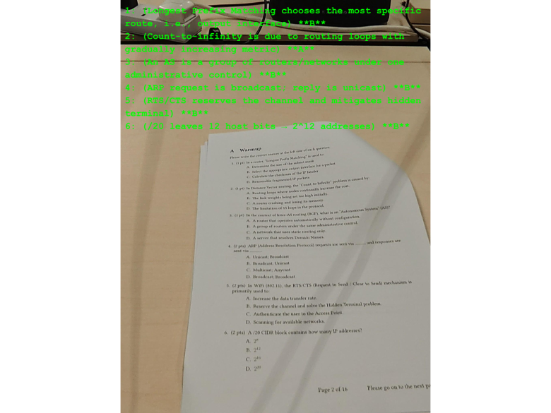 A screenshot of what the AI glasses display for an undergraduate level final exam for the course