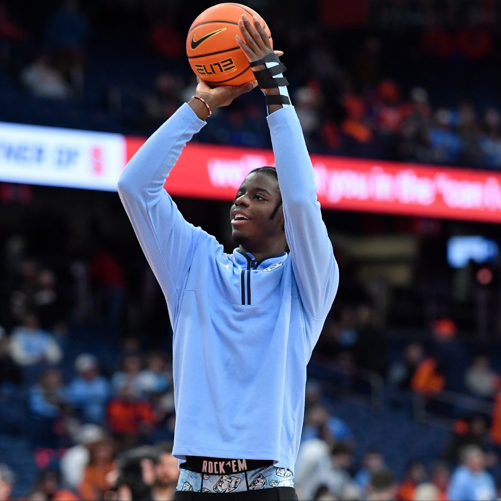 North Carolina forward Caleb Wilson (8) shoots before an NCAA college basketball game against Syracuse, Saturday, Feb. 21, 2026.