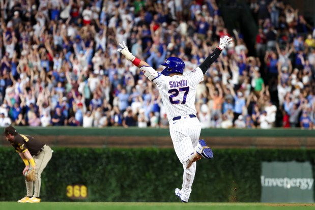 Seiya Suzuki #27 of the Chicago Cubs reacts after hitting a walk-off single in the ninth inning against the San Diego Padres at Wrigley Field on June 29, 2026 in Chicago, Illinois. (Photo by Sage Zipeto/Getty Images)