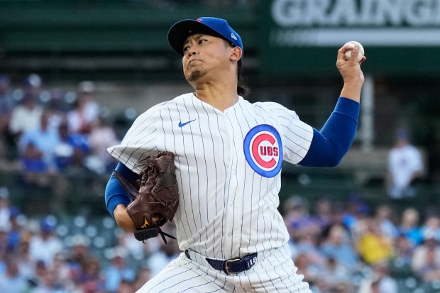 Chicago Cubs starting pitcher Shota Imanaga throws against the San Diego Padres during the first inning of a baseball game in Chicago, Monday, June 29, 2026. (AP Photo/Nam Y. Huh)