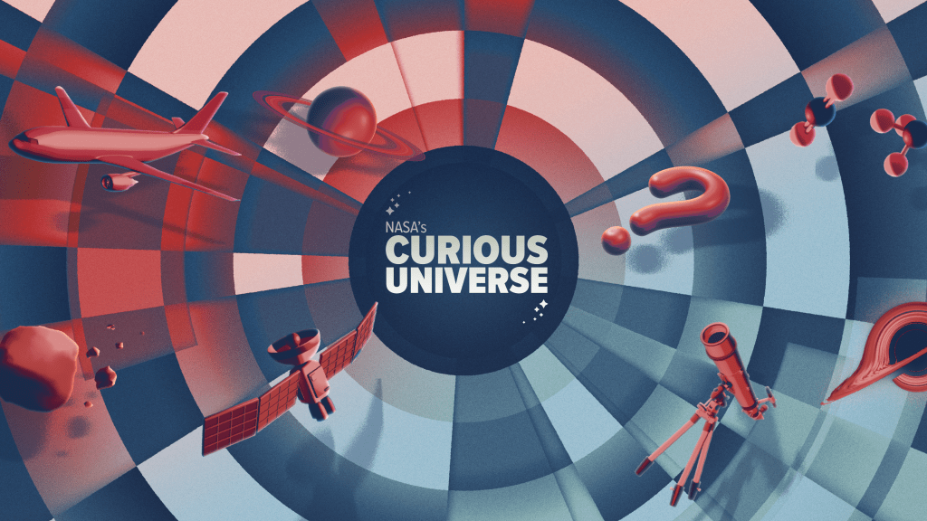This image shows a navy blue circle with a logo in the center that reads “NASA’s Curious Universe” in white letters with stars in the upper left and bottom right. Surrounding the circle, there are panels of shades of alternative reds and blues with red icons floating. The icons include a plane, planet Saturn, an asteroid with smaller rocks surrounding, a satellite, a question mark, a telescope, molecules, and part of a visualization of a black hole.