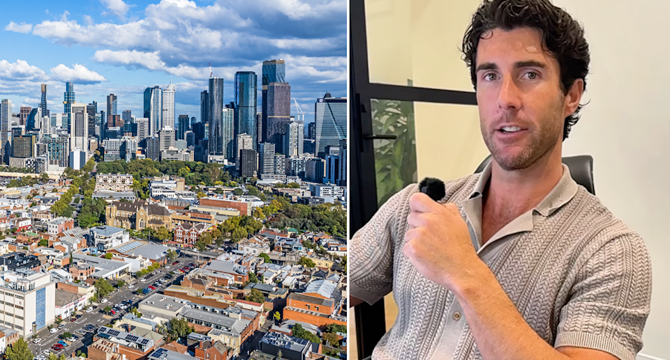 property invest Scott O'Neill pictured next to Melbourne skyline. 