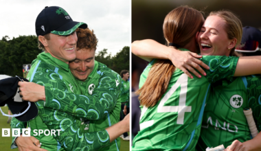 Harry Tector celebrates beating India, while Ireland women celebrate winning at the Women's World  Cup