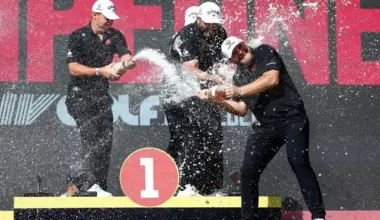 Legion XIII's Tyrrell Hatton celebrating with his teammates Caleb Surratt, Tom McKibbin and Jon Rahm after winning LIV Golf Andalucia on June 7.