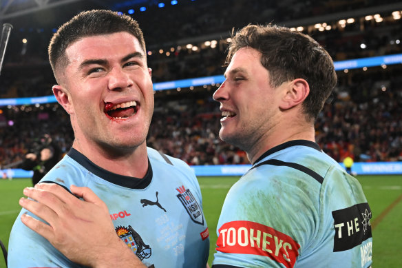 Bradman Best (left) was a star of the Blues win in the 2024 decider at Suncorp Stadium.