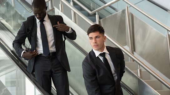 Socceroos World Cup squad members Cristian Volpato and Jason Geria arrive in San Francisco on Sunday.