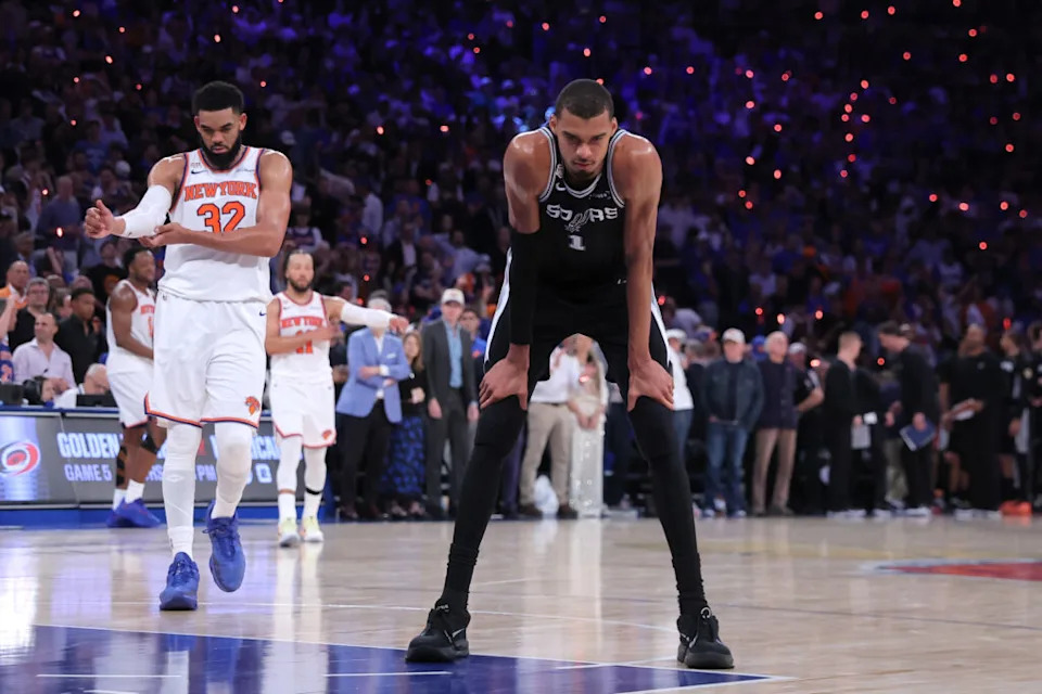Jun 10, 2026; New York, New York, USA; San Antonio Spurs forward Victor Wembanyama (1) reacts in the fourth quarter against the New York Knicks during game four of the 2026 NBA Finals at Madison Square Garden. Mandatory Credit: Brad Penner-Imagn Images