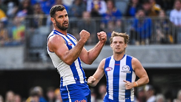Jack Darling of the Kangaroos celebrates a goal