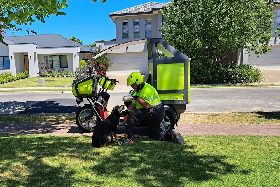 A postman kneels on the grass and pats a kelpie while on his delivery route in South Australia.