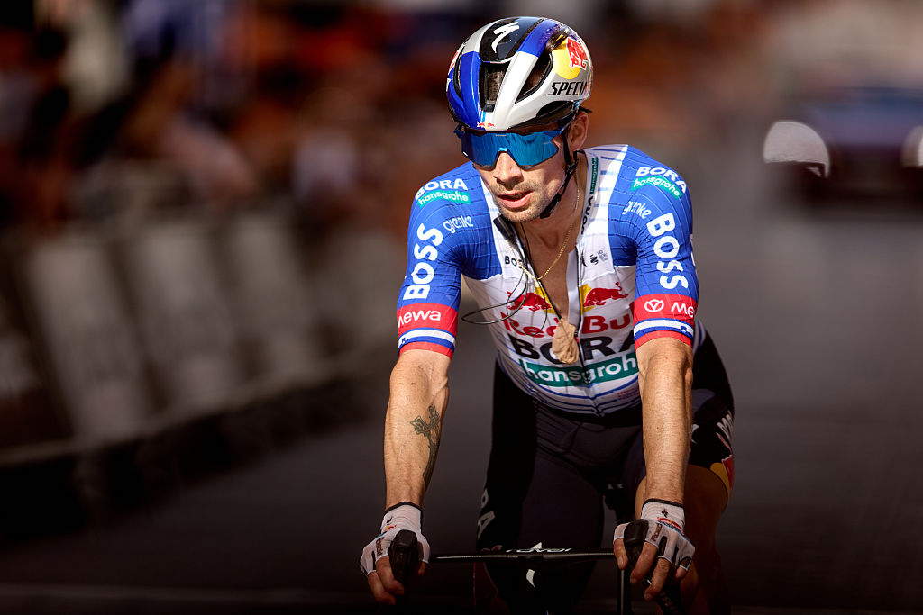 Primoź Roglič crosses the line on stage 5 of the 2026 Itzulia Basque Country