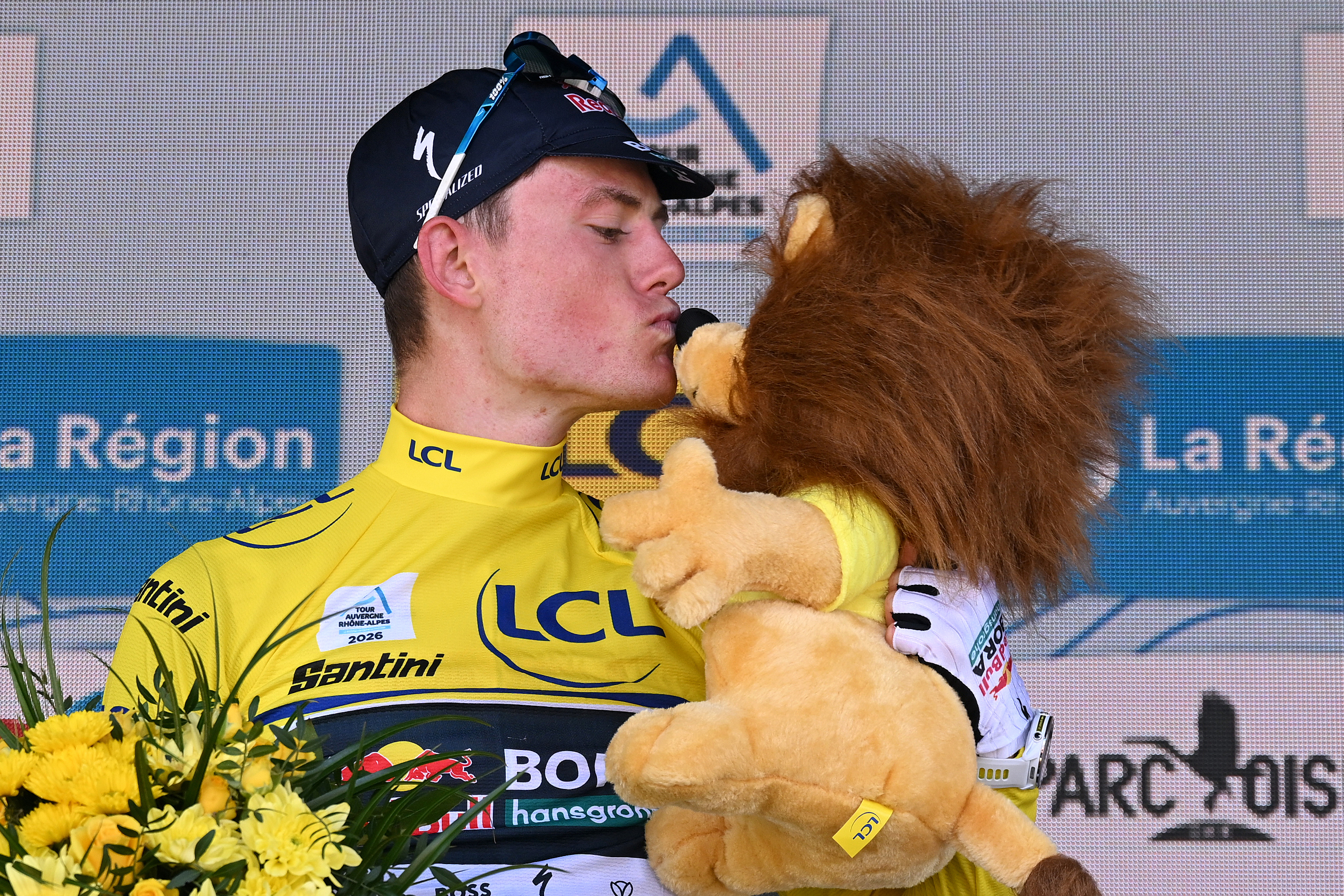 CREST-VOLAND, FRANCE - JUNE 12: Luke Tuckwell of Australia and Team Red Bull - BORA - hansgrohe celebrates at podium as Yellow Leader Jersey winner during the 78th Tour Auvergne-Rhone-Alpes 2026, Stage 6 a 182.3km stage from Saint-Vulbas to Crest-Voland 1211m / #UCIWT / on June 12, 2026 in Crest-Voland, France. (Photo by Dario Belingheri/Getty Images)