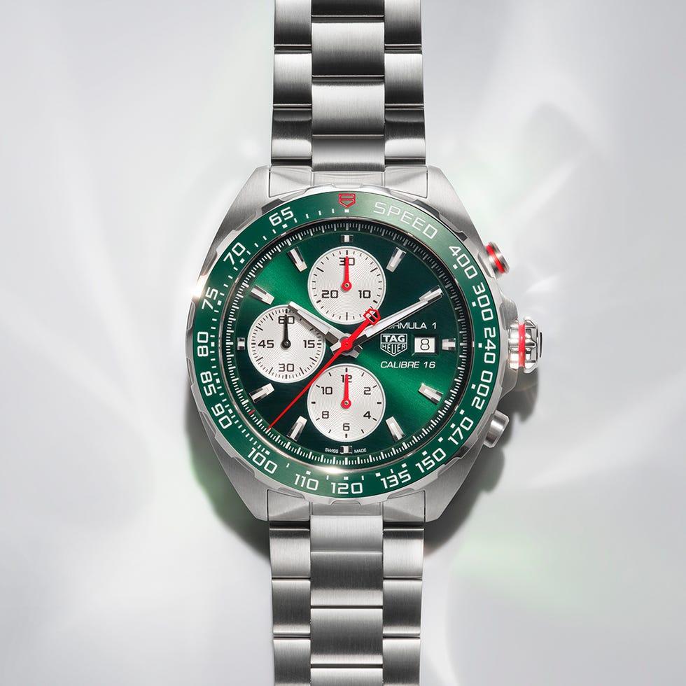 chronograph watch with a green dial and silver bracelet chronograph watch with a green dial and silver bracelet