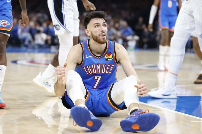 Nov 4, 2024; Oklahoma City, Oklahoma, USA; Oklahoma City Thunder forward Chet Holmgren (7) sits on the floor after a play against the Orlando Magic during the second half at Paycom Center. Mandatory Credit: Alonzo Adams-Imagn Images