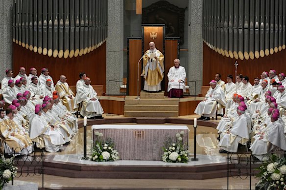 Pope Leo XIV (centre) celebrates Mass in the Basilica of the Sagrada Familia last Wednesday.