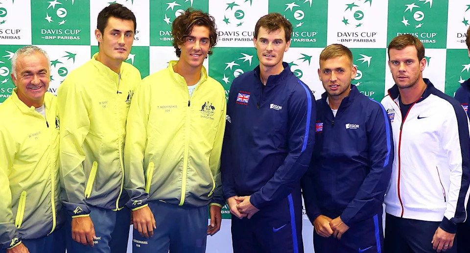 Dan Evans with Great Britain and Australia players during the 2015 Davis Cup.