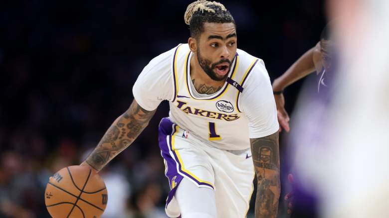 D'Angelo Russell #1 of the Los Angeles Lakers dribbles.