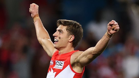 Jai Serong of the Swans celebrates kicking the winning goal.
