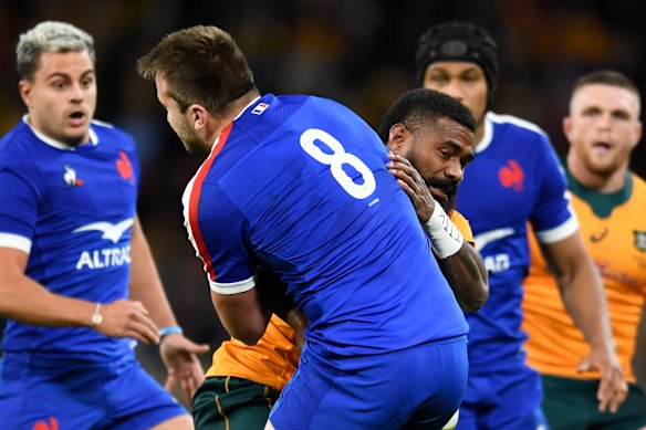 Marika Koroibete was sent off for this tackle on French flanker Anthony Jelonch in 2021.