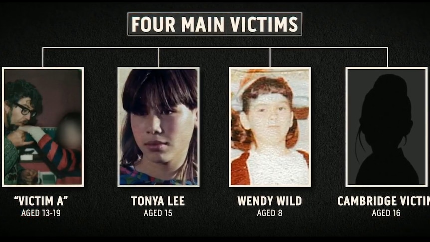 Graphic image saying Four Main Victims, showing Victim A, Tonya Lee, Wendy Wild, Cambridge Victim