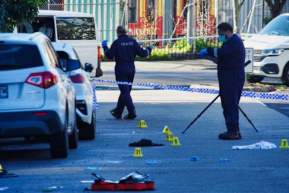 Police at the scene of the shooting in Ascot Vale on Sunday. 