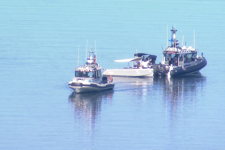 Police boat on the water at Concord after the body of a man was found.