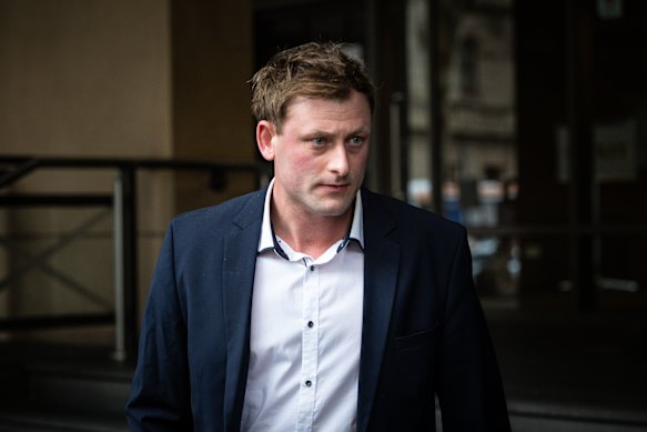 Mitch Lucas, friend of ex-AFL umpire Michael Pell, leaving the Melbourne Magistrates’ Court.