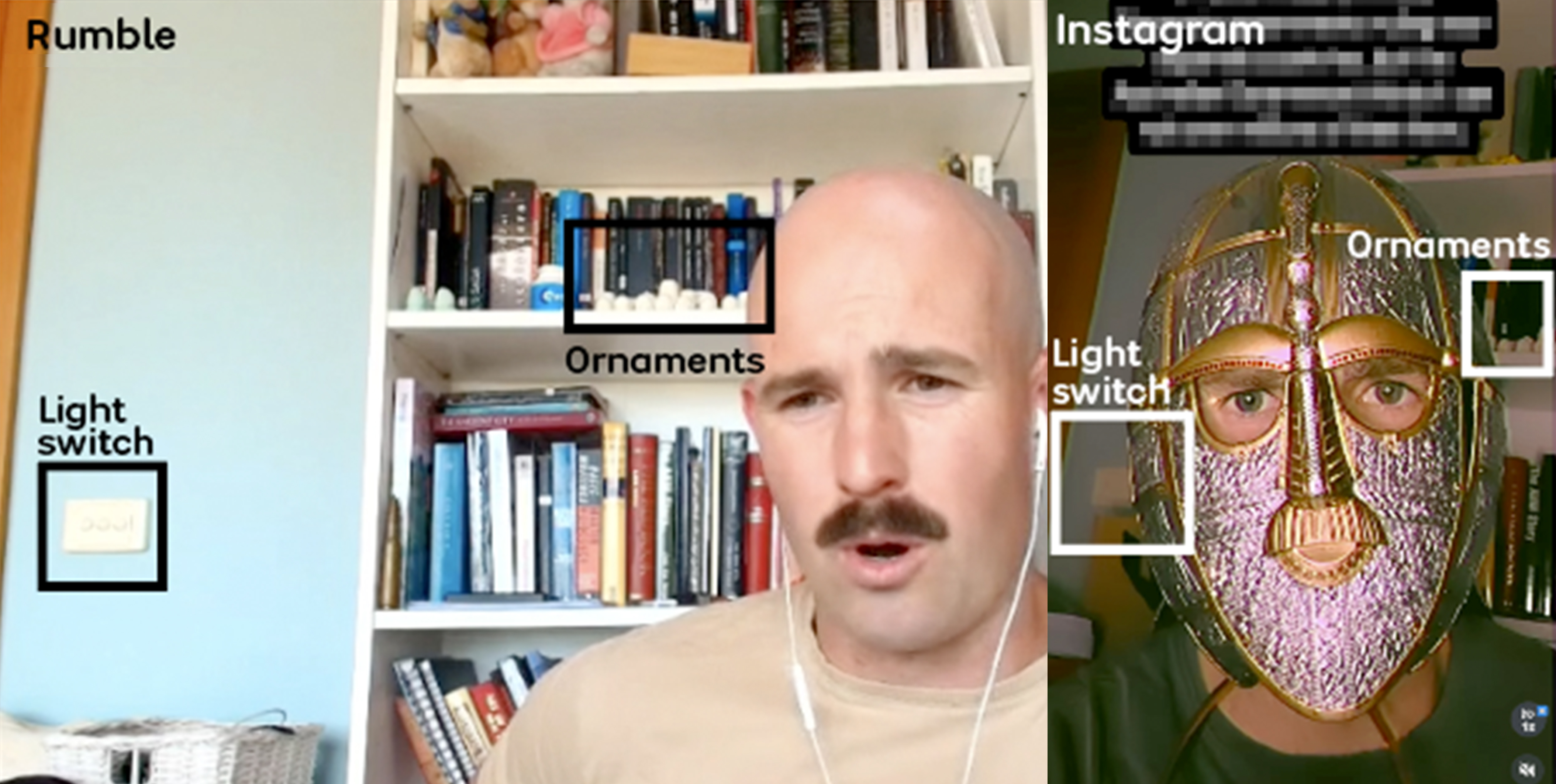On the left, a bald man with a moustache. On the right, a man wearing a mask.
