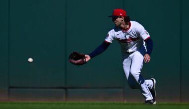 Cleveland Guardians center fielder Chase DeLauter misses a ball hit by Detroit Tigers' Gleyber Torres for a fielding error in the first inning of Game 2 of the American League Wild Card baseball playoff series in Cleveland, Wednesday, Oct. 1, 2025. (AP Photo/David Dermer)