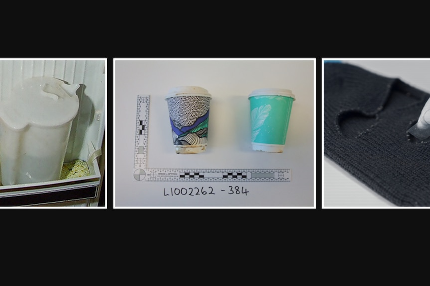 A water jug in a fridge, two coffee cups on a table, and a black balaclava.