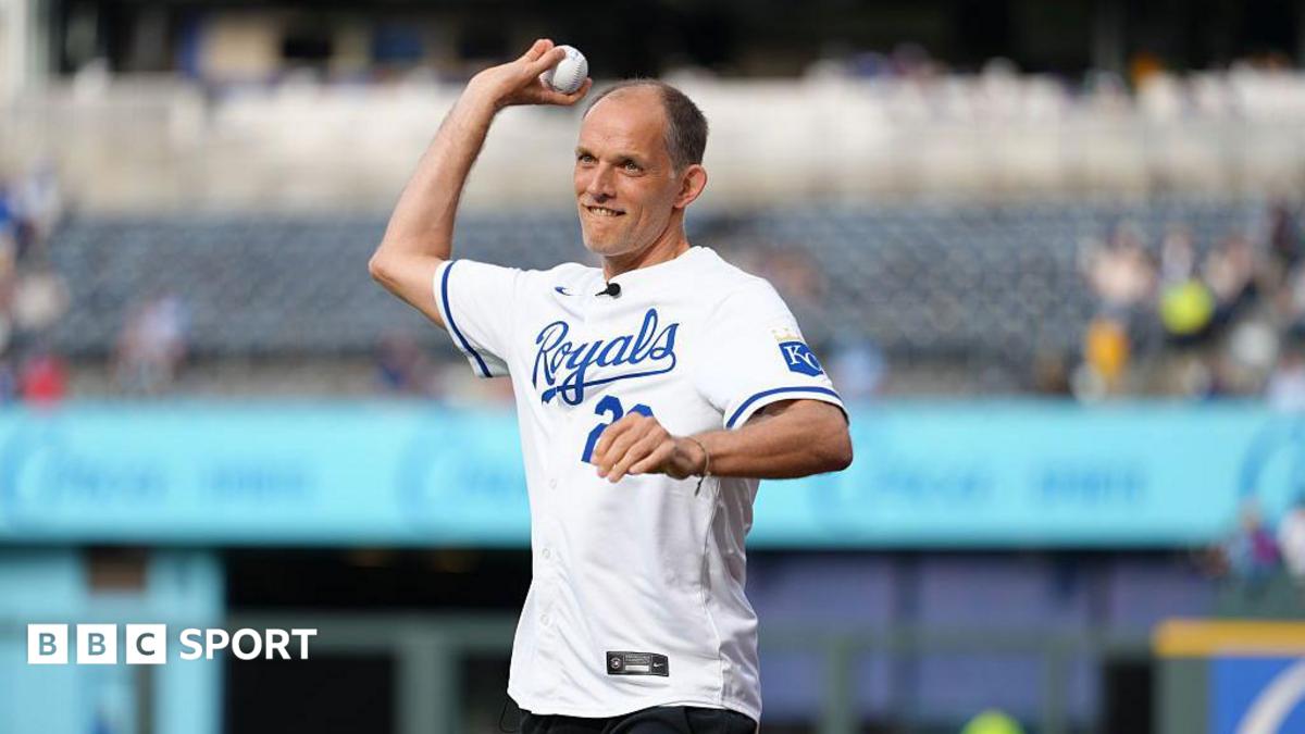 England manager Thomas Tuchel throwing the first pitch for the Kansas City Royals against St. Louis Cardinals