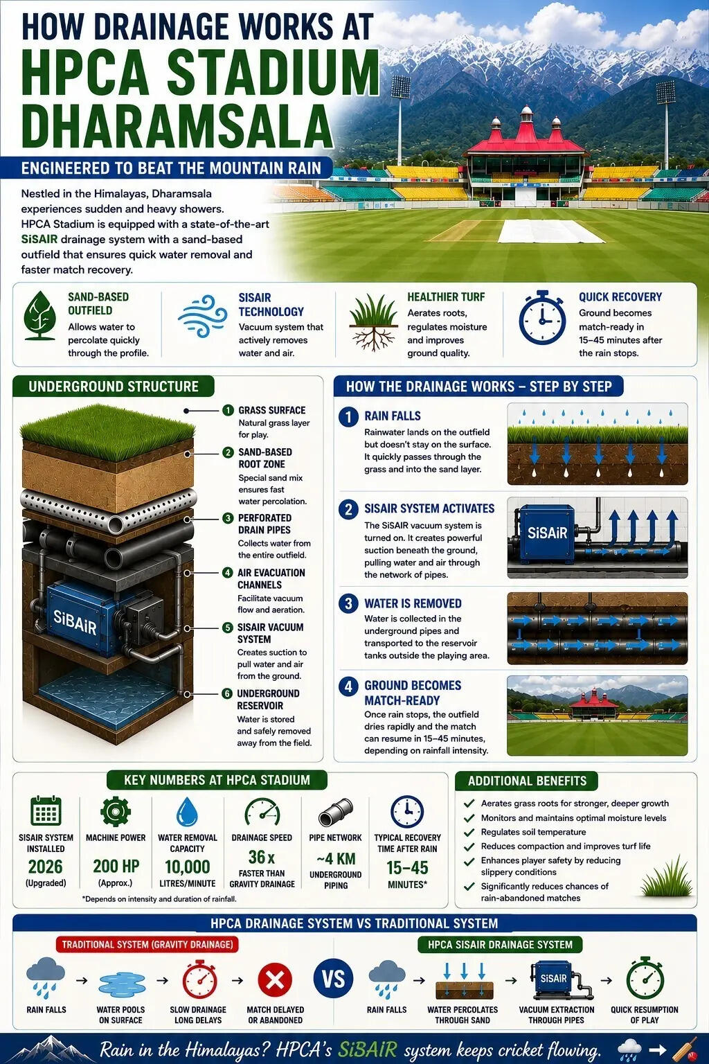 Graphical representation of HPCA Stadium in Dharamsala and its preparation to deal with heavy rain. (Image: Representational photo/TimesofIndia.com) Dharamsala graphic