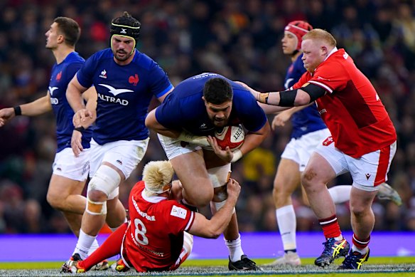 New Zealand-born, Australian-raised French international Emmanuel Meafou on the charge against Wales in a Six Nations match in Cardiff in 2024.