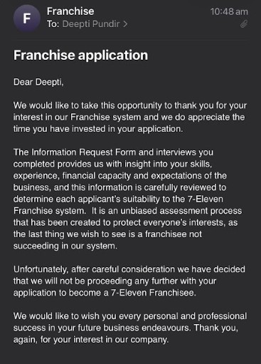 An email from 7-Eleven rejecting a purchase applicaation from a potential franchisee.
