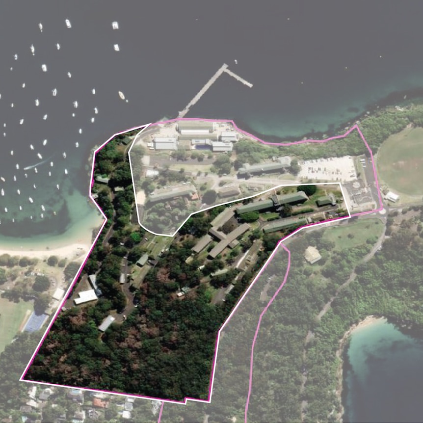 An overhead view of a site on the harbour with an outline showing parts of the land to be sold.