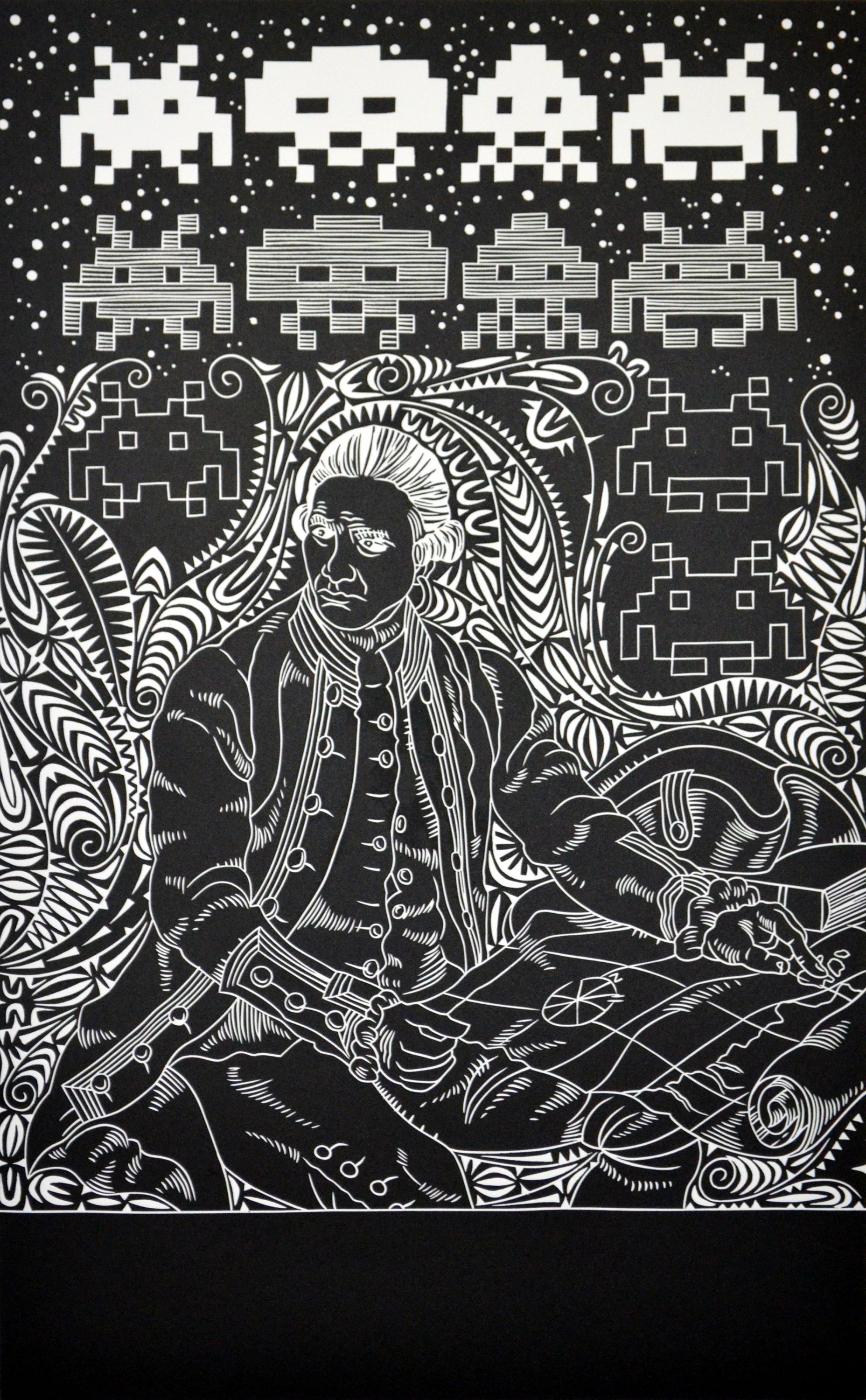 By virtue of this act by Brian Robinson, a linocut showing a series of space invaders above Captain Cook holding an unfurled map