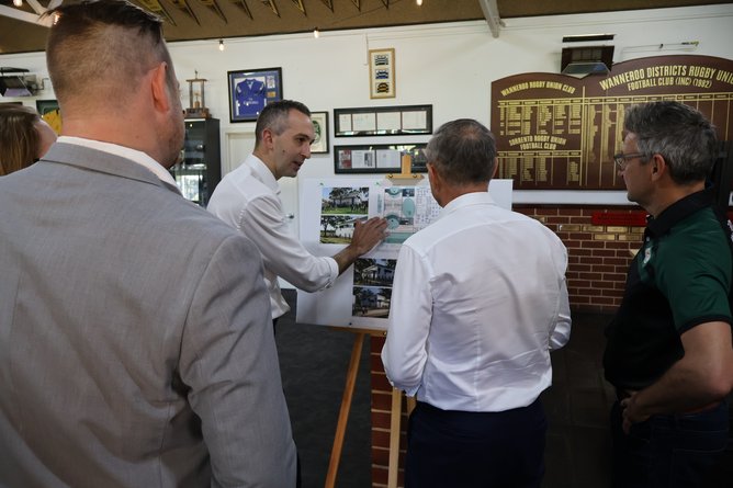 Landsdale MLA Daniel Pastorelli talks with Premier Roger Cook at the Wanneroo Rugby Union Club. 