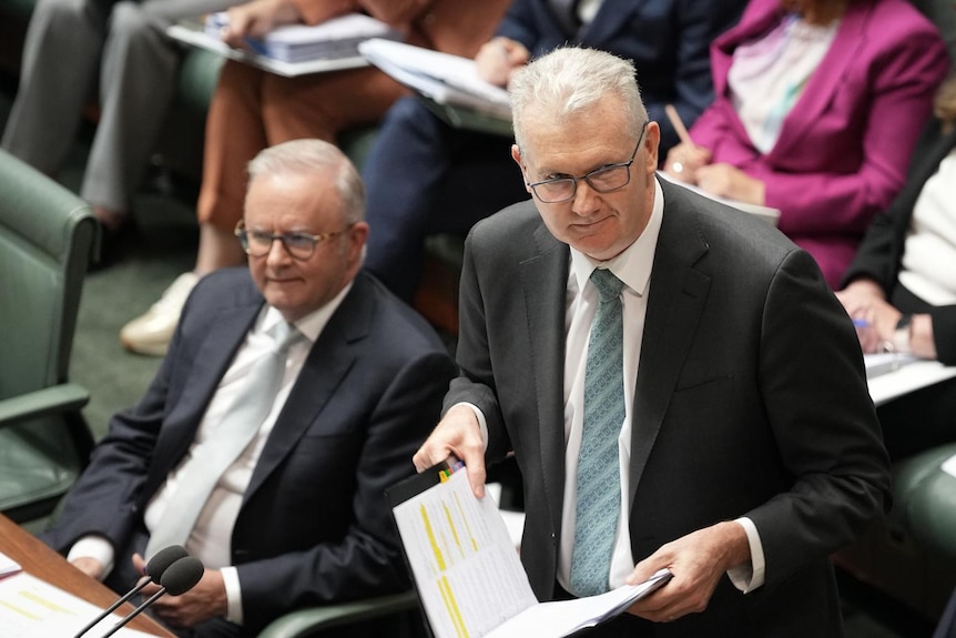Tony Burke stands in the House of Representatives with a document in his hands. Seated beside him is Anthony Albanese.
