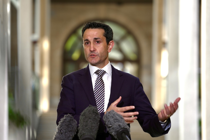 Premier david crisafulli in front of microphones