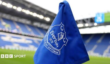 A detailed view of an Everton corner flag is seen prior to the Premier League match between Everton and West Ham United at Hill Dickinson Stadium on September 29, 2025