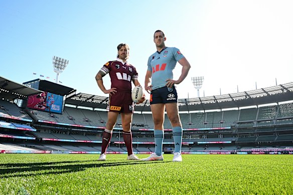 Queensland captain Cameron Munster and NSW captain Isaah Yeo pose on the MCG ahead of this year’s State of Origin series.