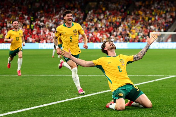 Connor Metcalfe celebrates his goal against Turkey.