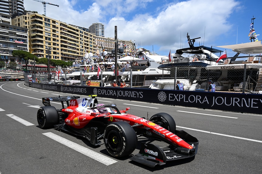 Lewis Hamilton driving his Ferrari at the Monaco Grand Prix.