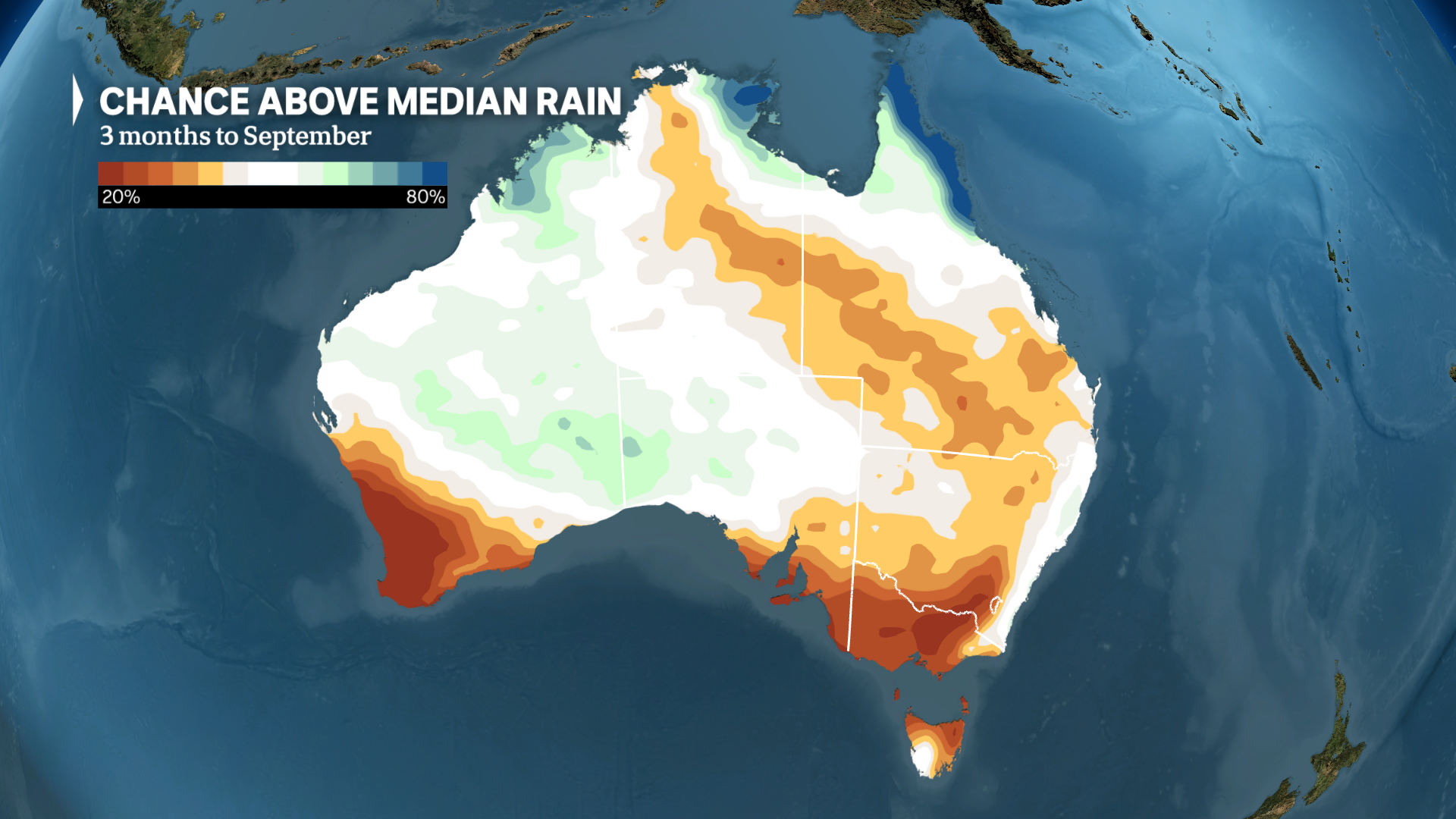 A graphic of Australia showing higher chances of above median rain in WA, which is much lower in others states.