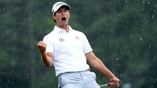 Adam Scott celebrates a birdie during the 2013 Masters Tournament at Augusta, which he won.