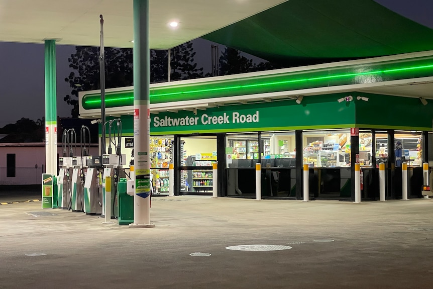 A BP service station pictured at night.