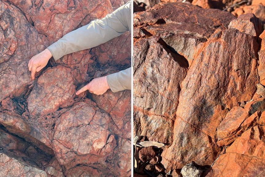 Two separate images next to each other with red rocks and fingers pointing at them.