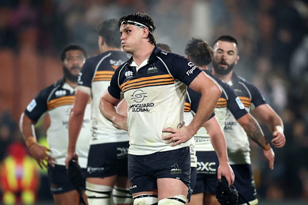 Tom Hooper of the Brumbies reacts to the loss.
