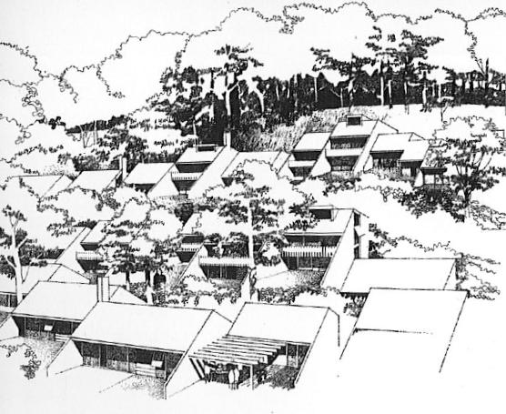 A concept sketch of Wybalena Grove by Michael Dysart and Partners, from the CACHS site brochure (1977).