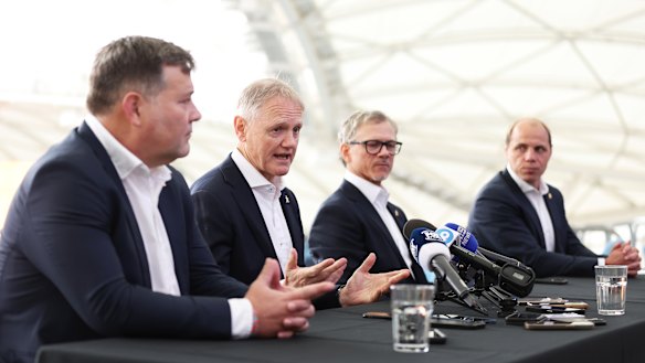 Rugby Australia high performance boss Peter Horne (far left), Joe Schmidt, Les Kiss and RA chief executive Phil Waugh.