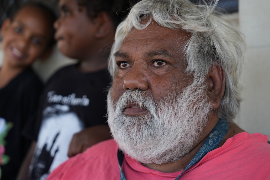 Close up of Aboriginal man, gray hair, gray beard, dark brown eyes, wearing pink shirt, serious expression, blurred kids behind